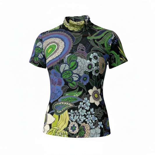 5c2 半袖 シアーカットソー ハイネックトップス 総柄プリント フラワーモチーフ レディース 女性服 サイズ9 マルチカラー コットン100％u02t