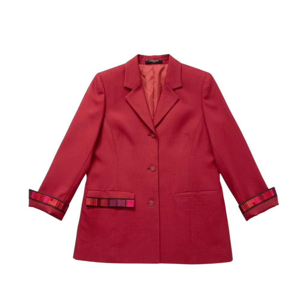 69c2 LEONARD FASHION レオナール テーラードジャケット ウールシルク混 ロゴボタン フォーマル レディース 女性服 サイズ13AR レッド系u02t