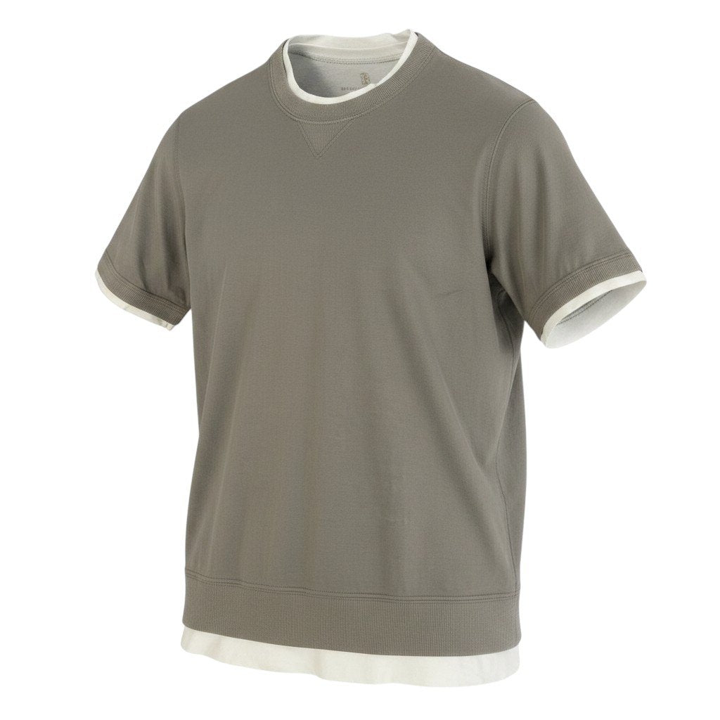 Me25 BRUNELLO CUCINELLI ブルネロクチネリ Vガゼット レイヤード 半袖Tシャツ カットソー サイズM  カーキ コットン100％ メンズ 紳士服k02i