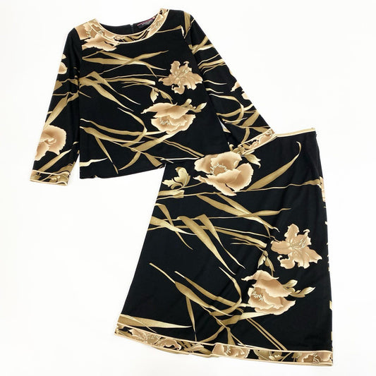 60d13 LEONARD FASHION レオナール セットアップスカート 美しい花柄プリント カンカン素材 長袖カットソー 膝丈スカート LL ブラック レディース 女性用o07t