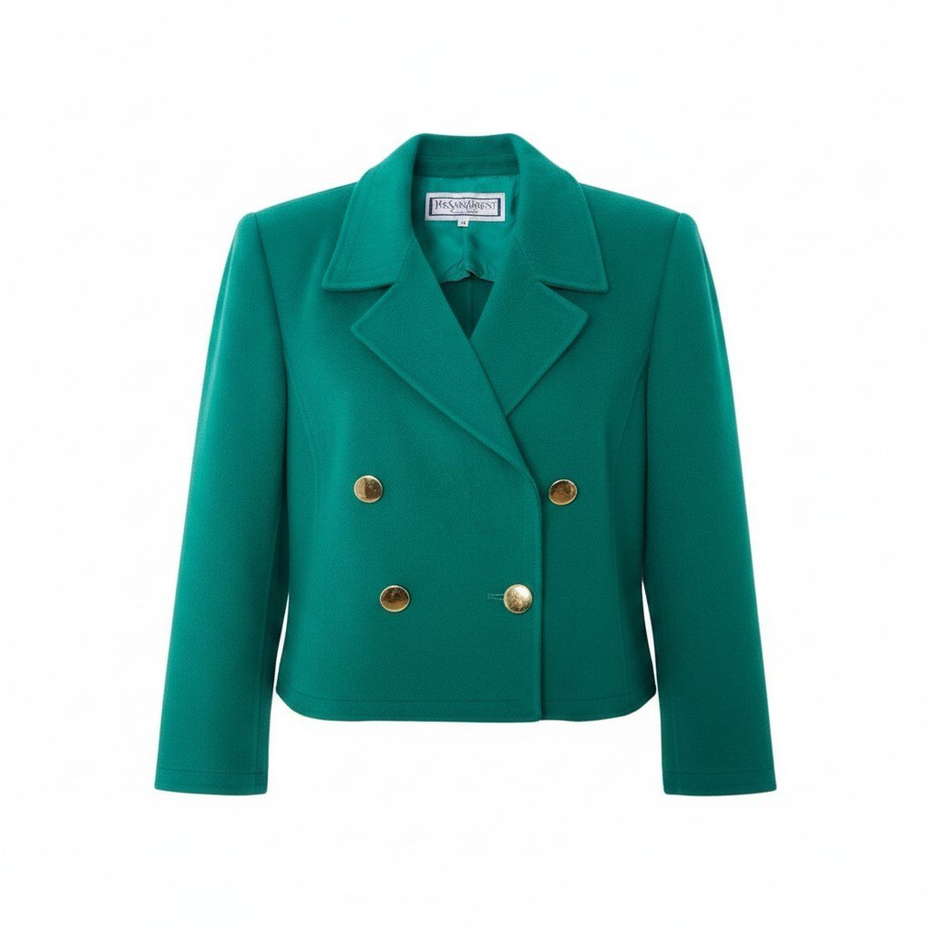 82i2 YVES SAINT LAURENT イヴサンローラン テーラードジャケット ダブルブレスト 金ボタン ウール混 サイズM グリーン レディースo07t