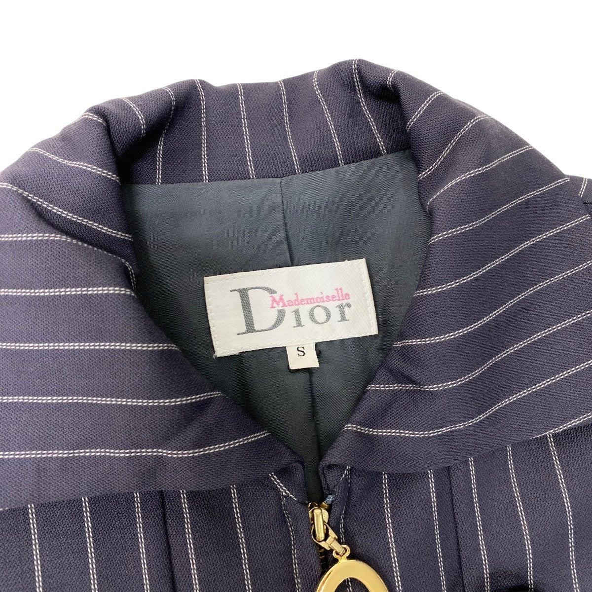 83h25 Dior マドモアゼルディオール フロントジップ ロングスリーブワンピース ダブルブレスト 飾りボタン ストライプ柄 サイズS グレー レディースo07t