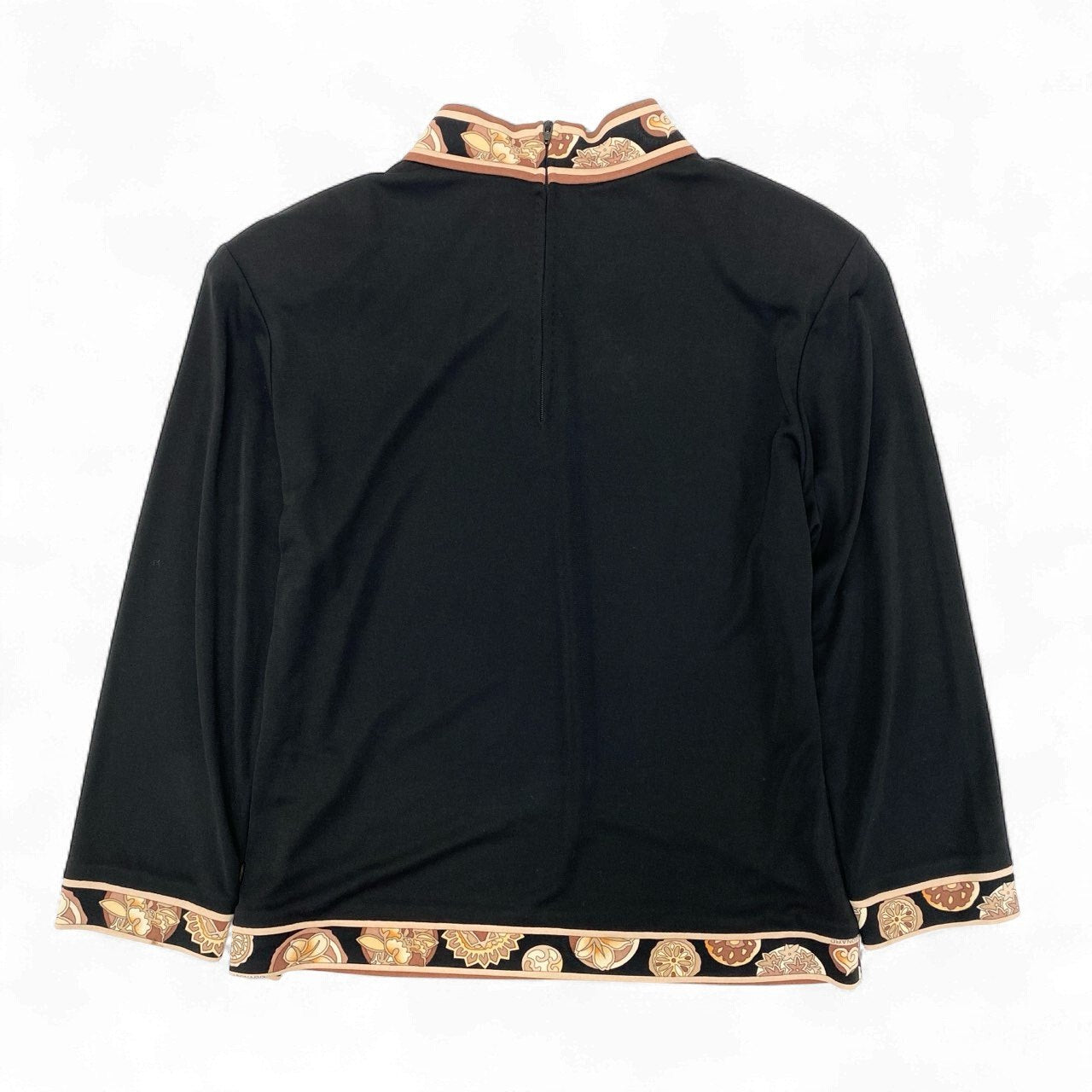 58k22 LEONARD FASHION レオナール モックネック 長袖カットソー ロングスリーブ 切替プリント カンカン素材 レディース 女性用 M ブラックu02t