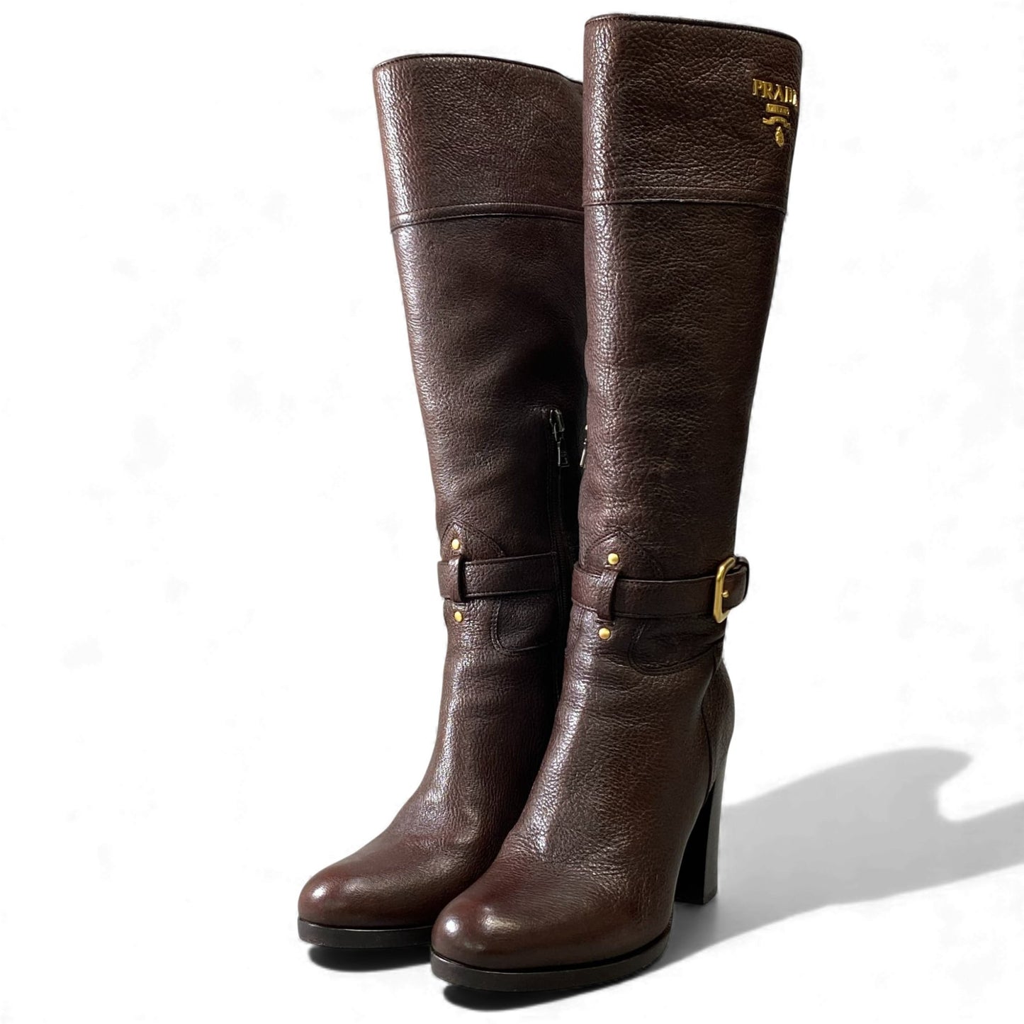 1L11 PRADA プラダ ロゴ入り ゴールド金具 チャンキーヒール サイドジップ ブーツ サイズ35 ブラウン レザー レディース 女性用 靴k02i