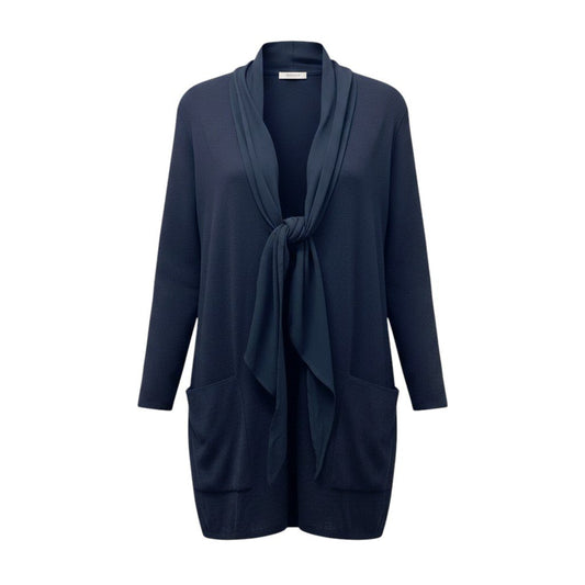 82f16 Max Mara マックスマーラ ロングニットカーディガン 異素材切替 ウールニット ネイビー レディース 女性用u02t