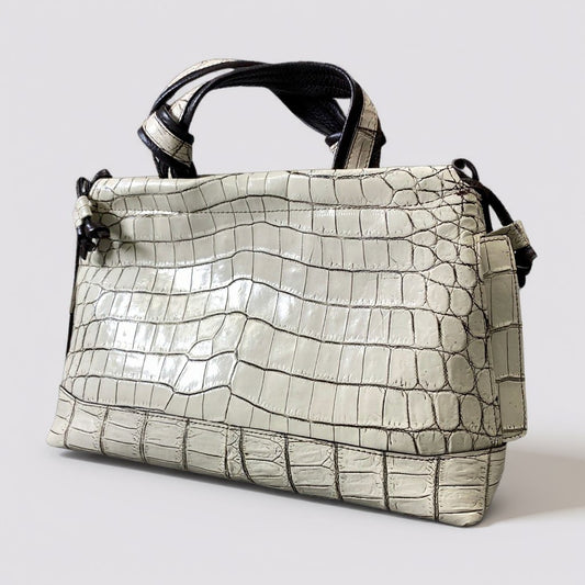 ak18 JRA認定 クロコダイル 2way ハンドバッグ ショルダーバッグ 目地染め ホワイト レザーk02i