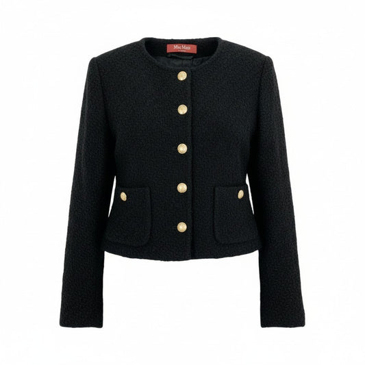 46L8 MaxMara マックスマーラ ツイードジャケット ノーカラージャケット 金ボタン アウター 36サイズ ブラック レディースk02i