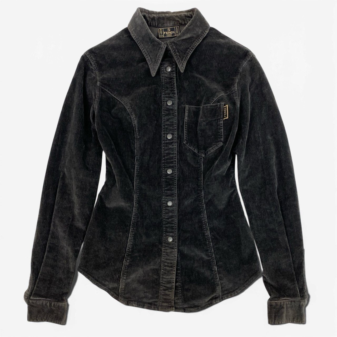 78b27 FENDI フェンディ ロゴボタン 長袖シャツ ブラウス コーデュロイ 40 ブラウン レディース イタリア製u02t