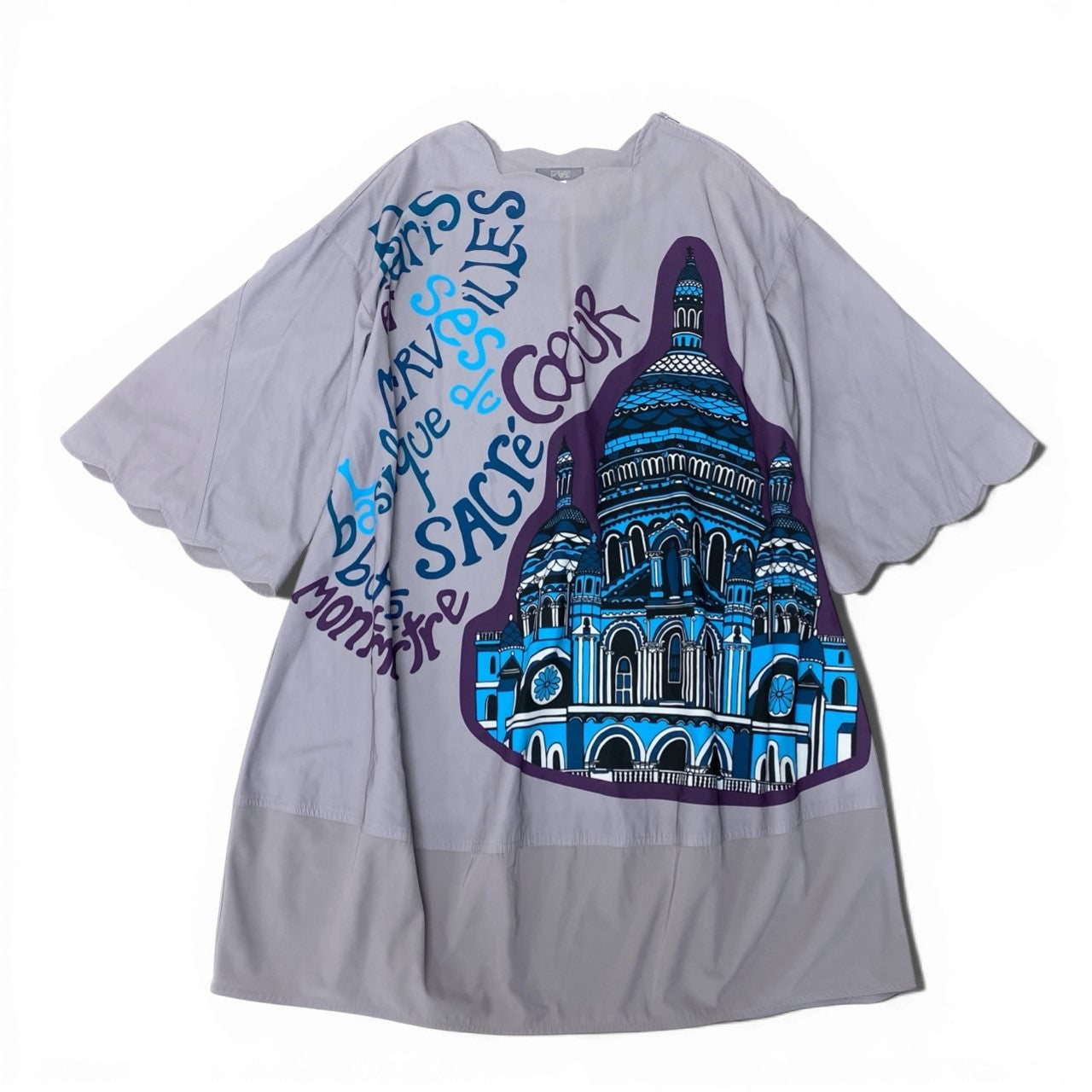 33c10【美品】 TOKUKO 1er VOL トクコプルミエヴォル 7分袖 ワンピース オーバーサイズ 身幅ゆったり エッフェル塔プリント ストレッチ レディース 女性服 サイズ9 パープルu02t