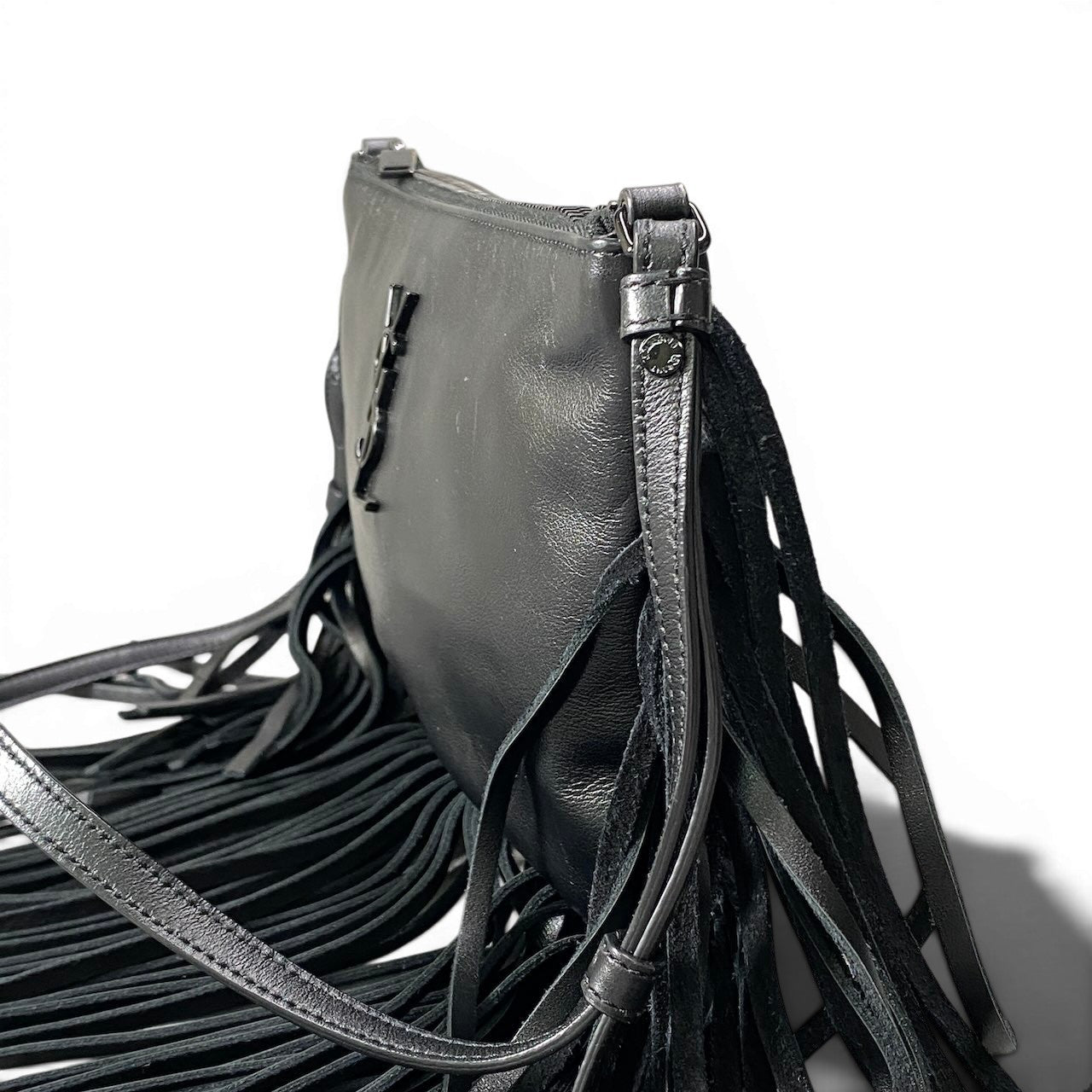 g9 SAINT LAURENT PRIS サンローランパリ カサンドラ オールブラック フリンジ ショルダーバッグ レザー レディースta1