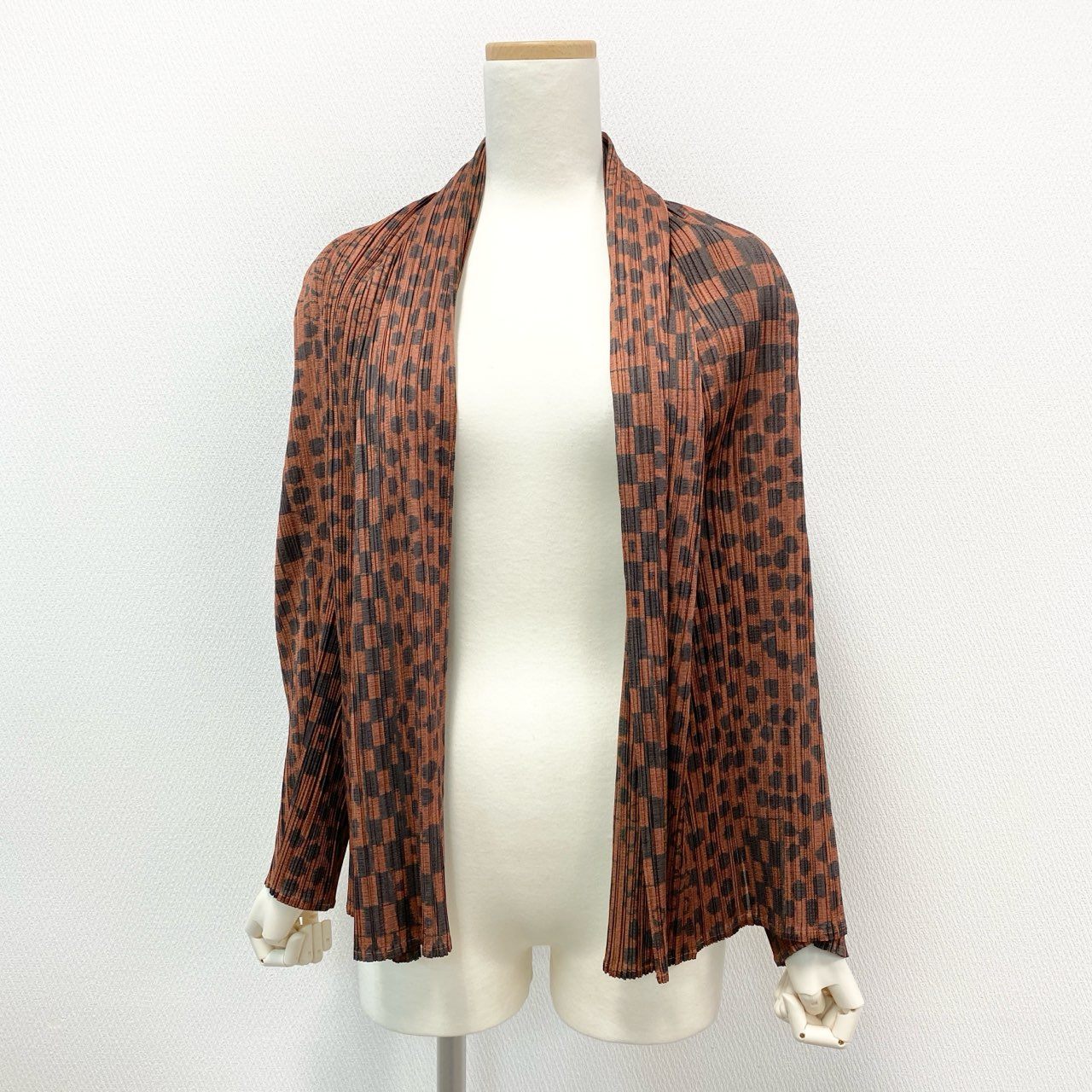 Ai18《極美品》PLEATS PLEASE プリーズプリーツ 変形カーディガン ジャケット 羽織 総柄 3サイズ ブラウン グレー レディース 女性用u02t