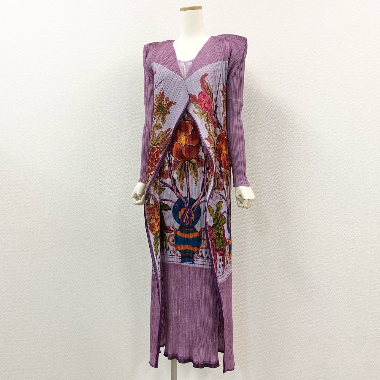 Aa24 【美品】 PLEATS PLEASE プリーツプリーズ イッセイミヤケ ロングカーディガン ワンピース 牡丹 セットアップ 1998 PP84-JH517 3 パープル レディース 女性用k02i