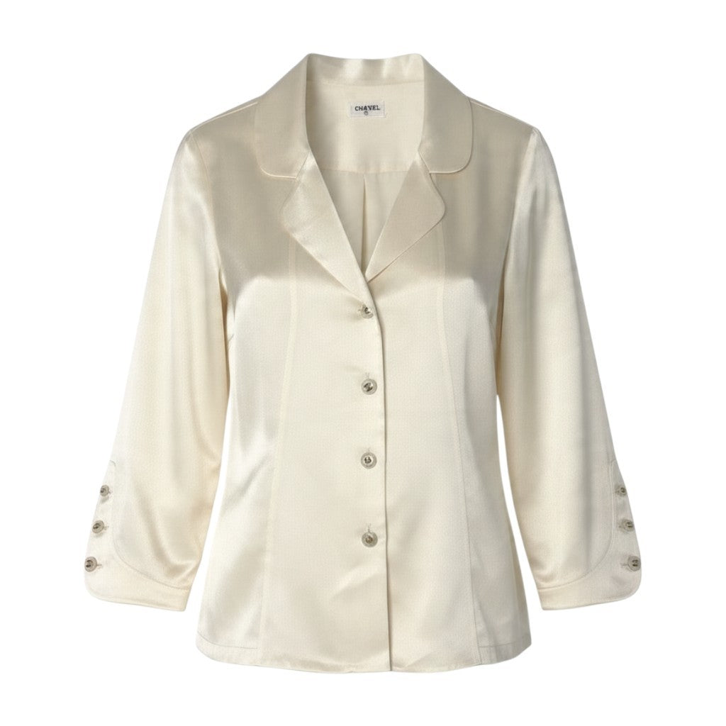 Cj28 【極美品】 CHANEL シルクブラウス ココマーク シェルボタン シャツ アイボリー レディース 女性用k02i