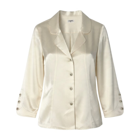 Cj28 【極美品】 CHANEL シルクブラウス ココマーク シェルボタン シャツ アイボリー レディース 女性用k02i