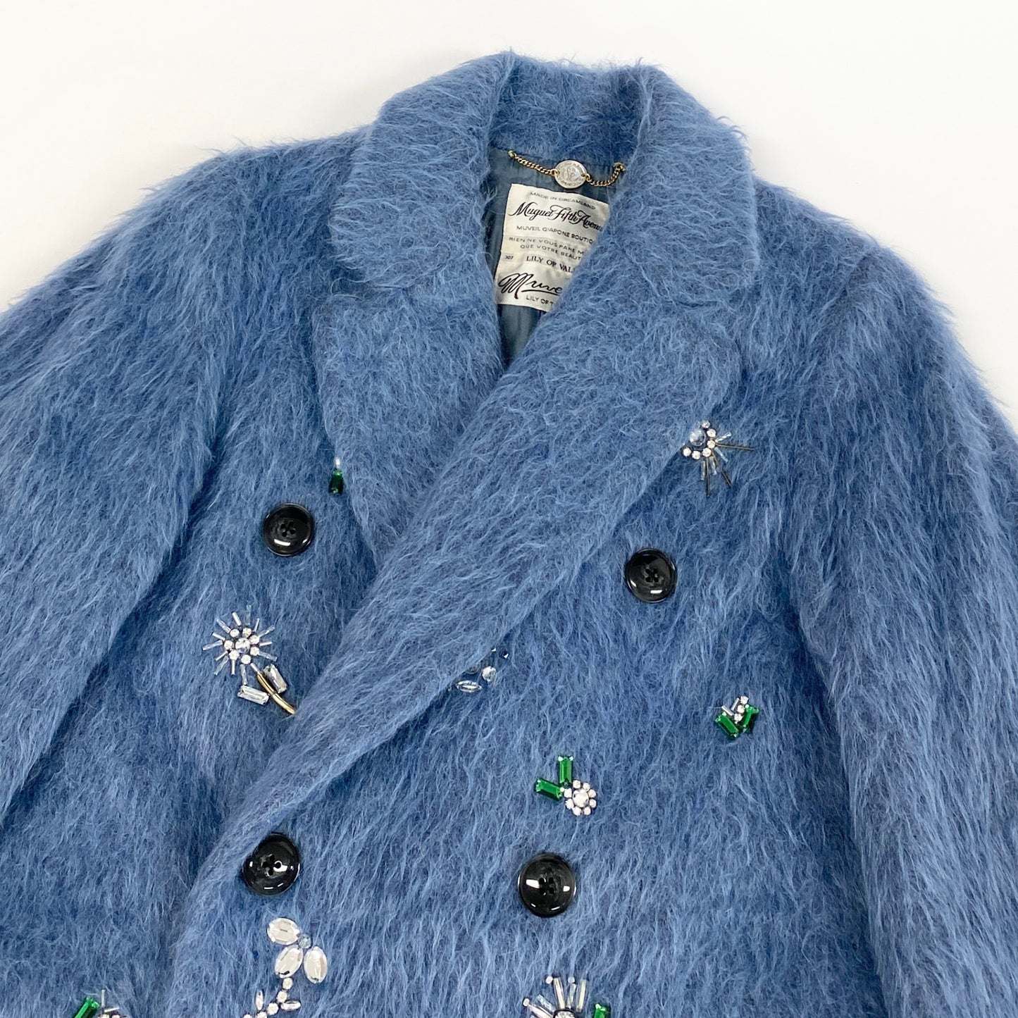 28k6【美品】MUVEIL ミュベール シャギーコート ロングコート ビジュー アウター MA43FC003 36サイズ ブルー レディースu02t