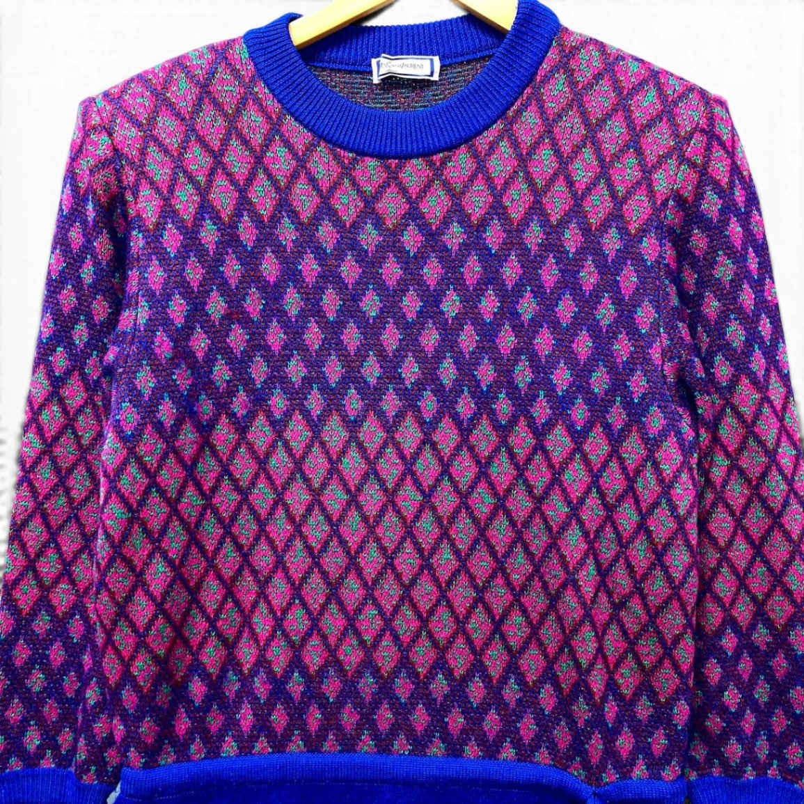 9f17 YVES SAINT LAURENT イヴサンローラン 切替ニットワンピース 幾何学模様 サイズM ブルー レディース 女性服o07t