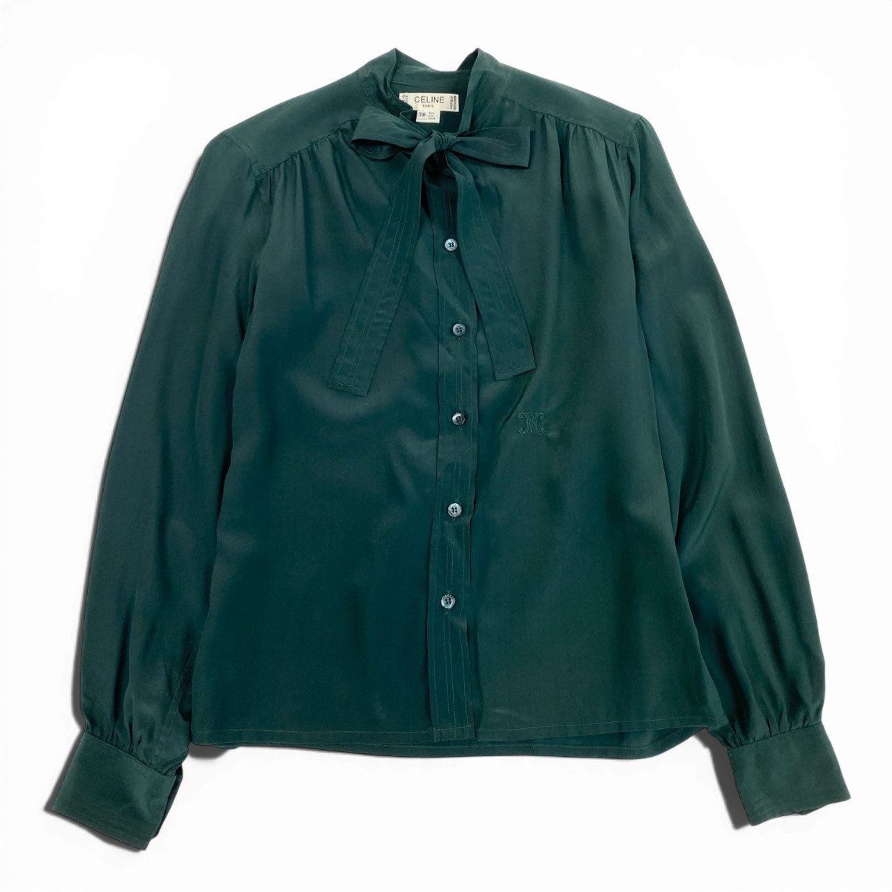 Eb26 CELINE セリーヌ ボウタイブラウス シャツ トリオンフ刺繍 38 グリーン シルク レディースu02t
