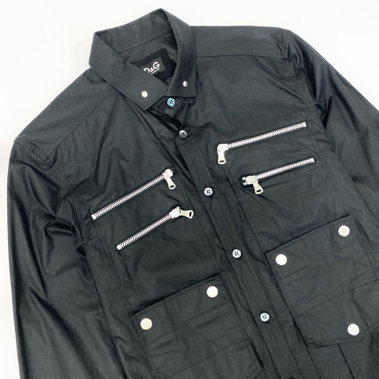 86l20 DOLCE&GABBANA ドルチェアンドガッパーナ 00`s vintage  Zip Cargo Shirt ロングスリーブシャツ ジップデザイン コットンシャツ メンズ 44 ブラック 綿100％k02i