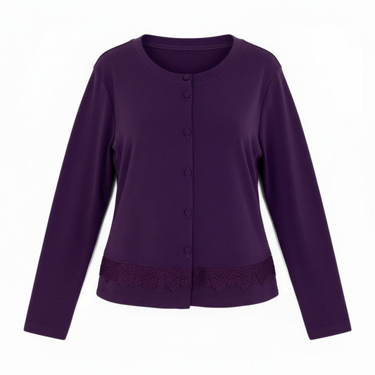 50b27 TOKUKO 1er VOL トクコプルミエヴォル ノーカラージャケット カーディガン 長袖  花柄 レース装飾 ストレッチ レディース 女性服 サイズ9 パープルu02t