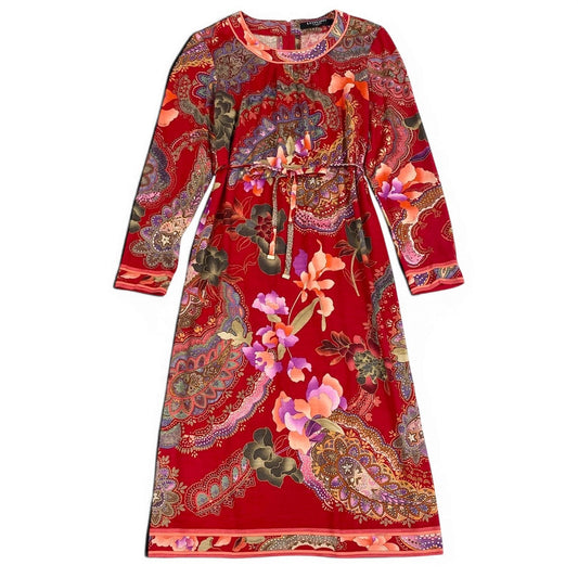 Ed21 LEONARD レオナール 長袖ワンピース コットンウール 総柄 0320117 Lサイズ レッド系 レディース 女性用t18r