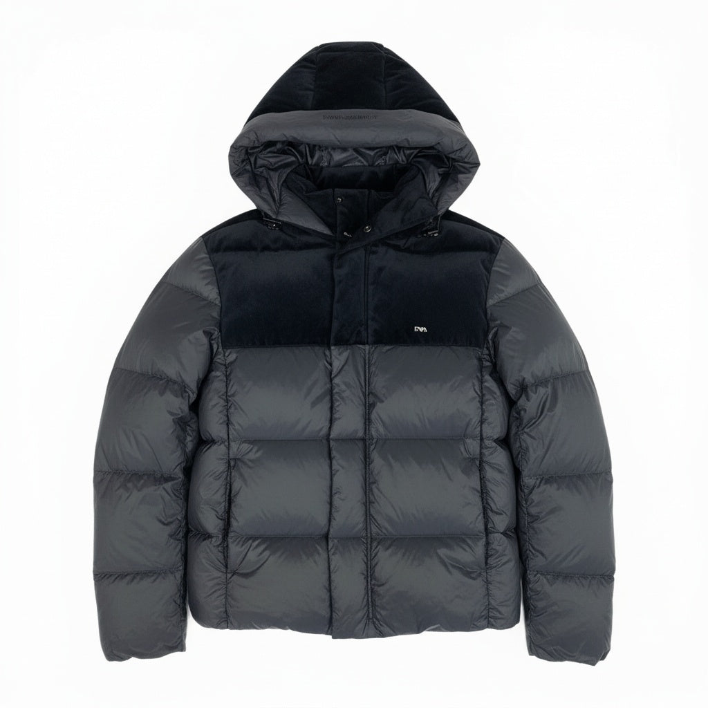 71a23 EMPORIO ARMANI エンポリオアルマーニ スーパーライト ダウンジャケット ベロア切替デザイン ダブルジップ サイズ48 ブラック メンズ 男性用 アウターk02i