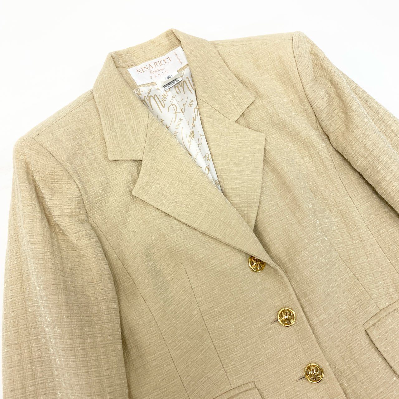 15K18 NINA RICCI Edition ニナリッチ フランス製 テーラードジャケット ロングジャケット 金ボタン 裏地総柄 レディース 女性用 42 ベージュu02t