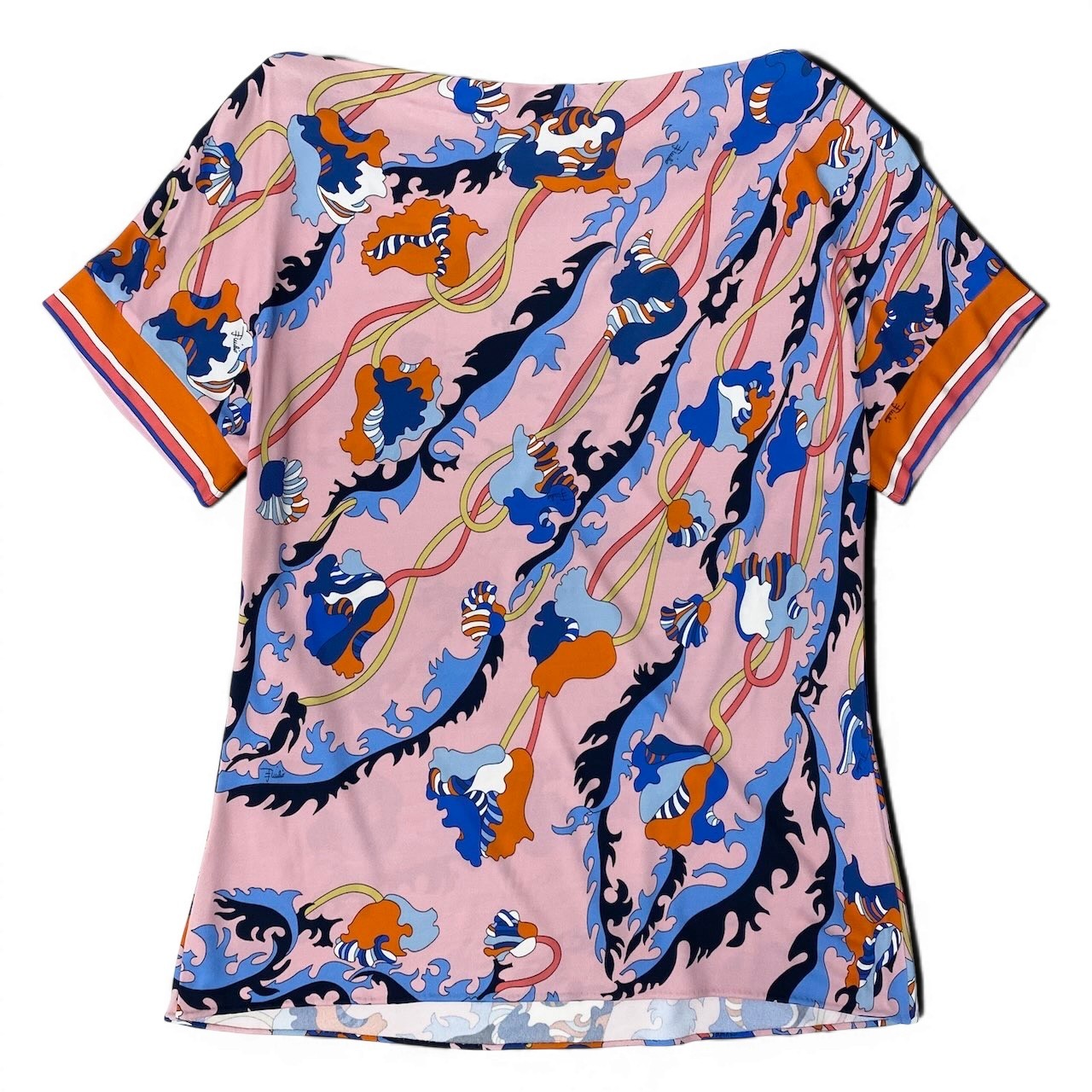 89g24 EMILIO PUCCI ARCHIVIO エミリオップチ アルチビオ ボートネック フレンチスリーブカットソー 総柄 I42 ピンク レディースu02t