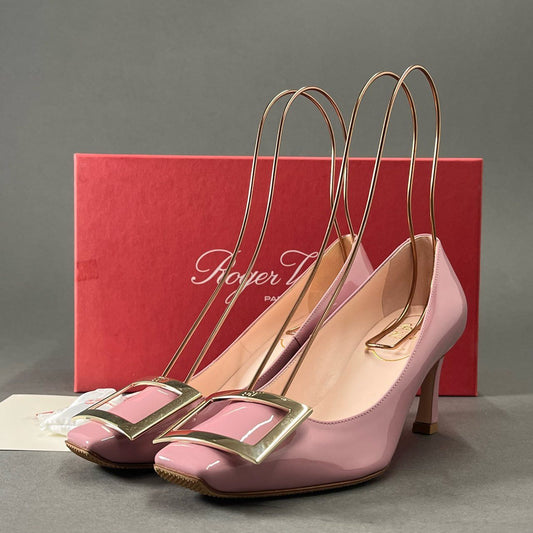 4j1 《美品》 Roger Vivier ロジェヴィヴィエ イタリア製 トランペット ゴールド金具 ヒールパンプス シューズ 34 1/2 ピンク パテントレザー