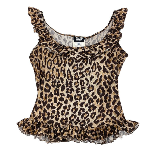 i18 D＆G DOLCE＆GABBANA タンクトップ フリル レオパード イタリア製 38サイズ ブラウン レディース 女性用u02t