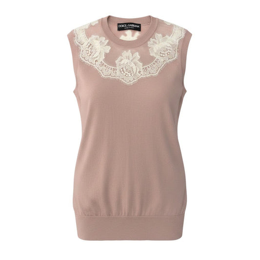 60e1 DOLCE&GABBANA ドルチェアンドガッバーナ ノースリーブ ニットプルオーバー 花柄レース ニットベスト 薄手 サイズ38 ピンク レディース 女性服u02t