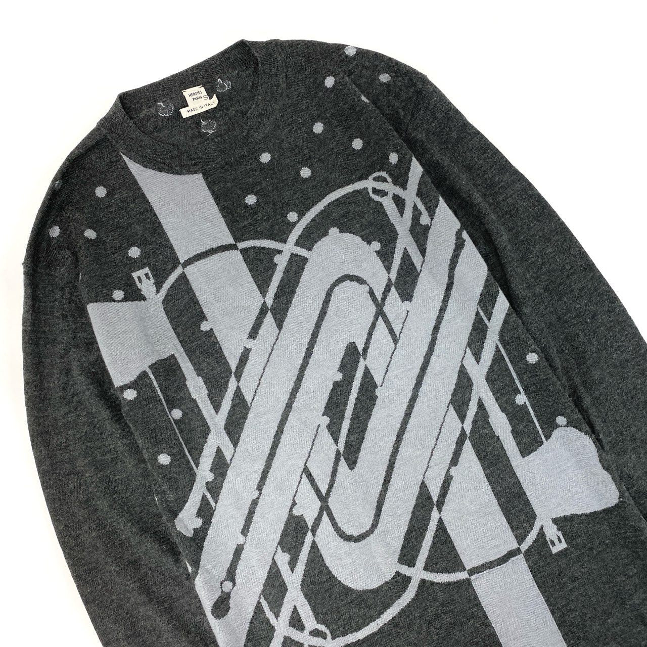 66l1 HERMES エルメス CLIC CLAC クリッククラック ニットワンピース ロングスリーブ カシミヤシルク混 ドット柄 水玉 レディース 女性用 17-7707 34 ダークグレーu02t