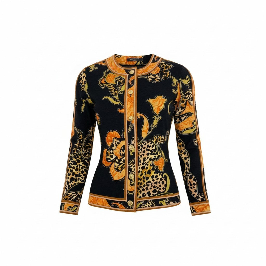 3k19 LEONARD FASHION レオナール ノーカラージャケット カーディガン 薄手 ロングスリーブ 金ボタン 花柄 アニマル柄 レディース 女性用 M ブラック ウールシルクu02t