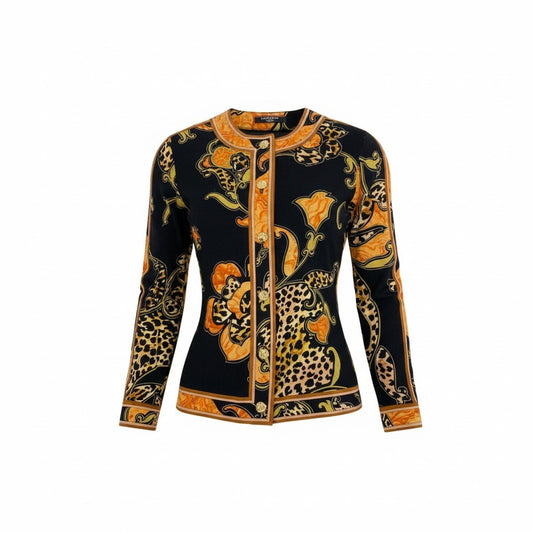 3k19 LEONARD FASHION レオナール ノーカラージャケット カーディガン 薄手 ロングスリーブ 金ボタン 花柄 アニマル柄 レディース 女性用 M ブラック ウールシルクu02t