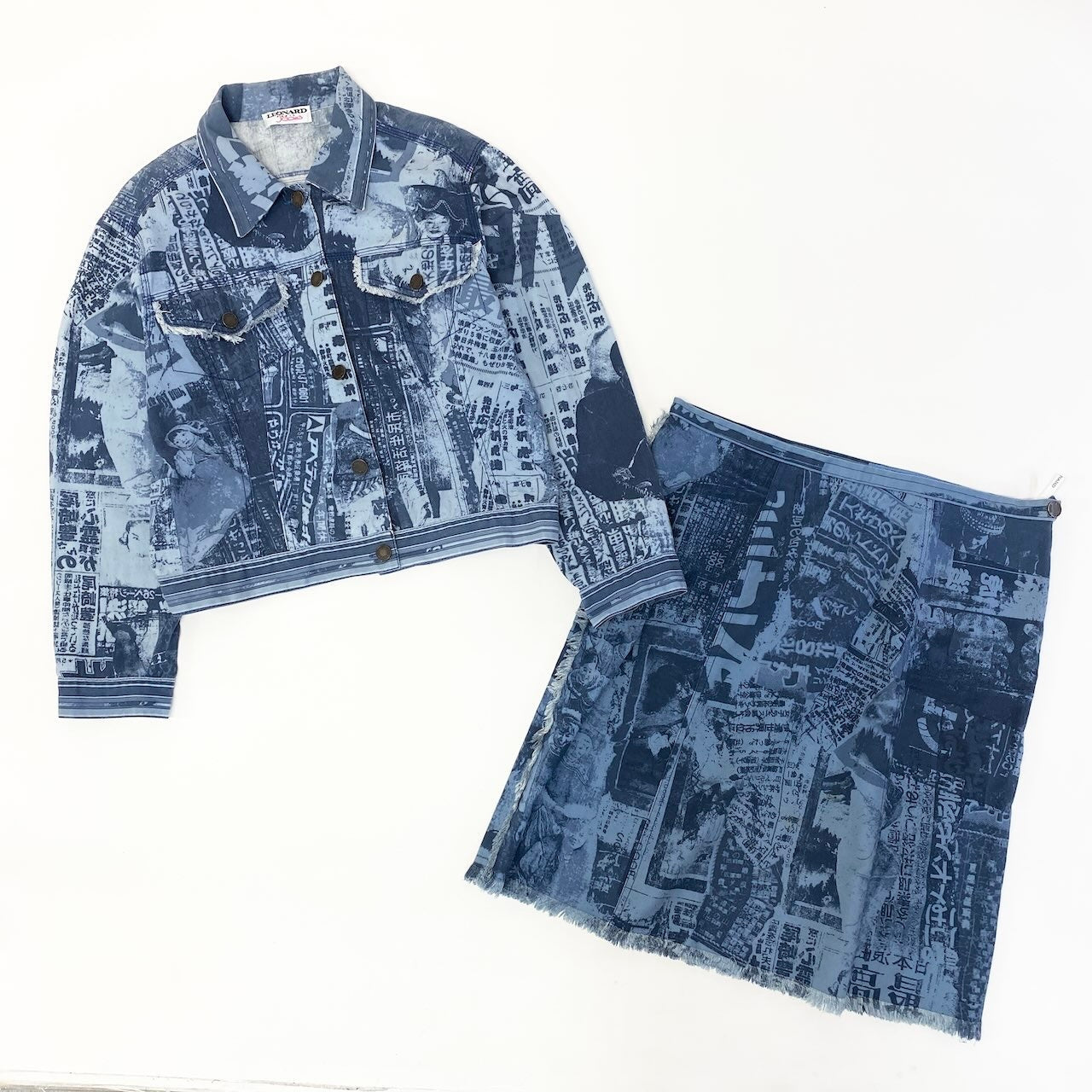 Ad15 LEONARD レオナール ニュースペーパープリント セットアップ Newspaper Print Setup サイズL インディゴ Vintaget18r