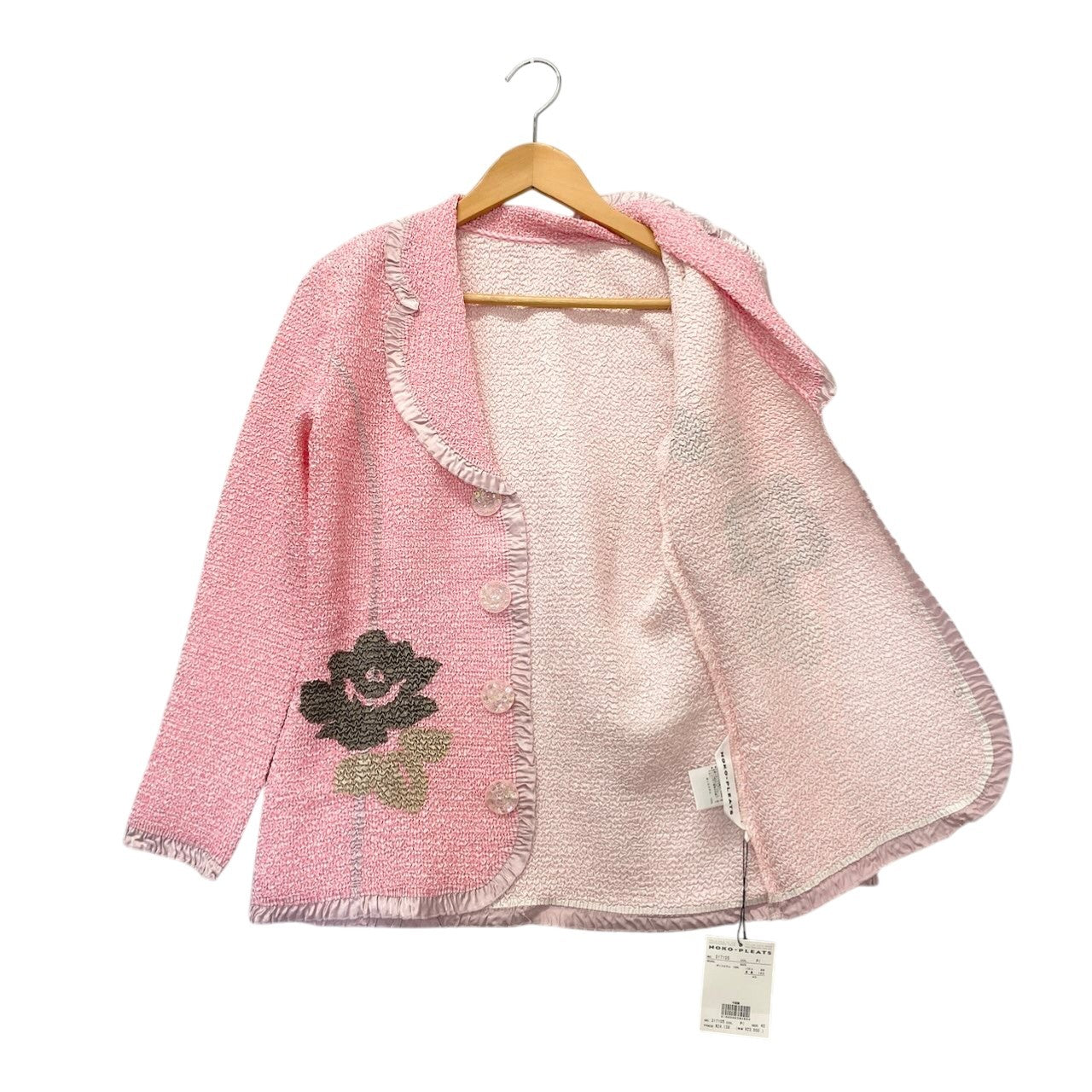 67c31 【未使用タグ付】 NOKO-PLEATS ノコプリーツ プリーツジャケット フラワープリント スパンコールボタン レディース 女性服 サイズ40 ピンク ポリエステル100％u02t