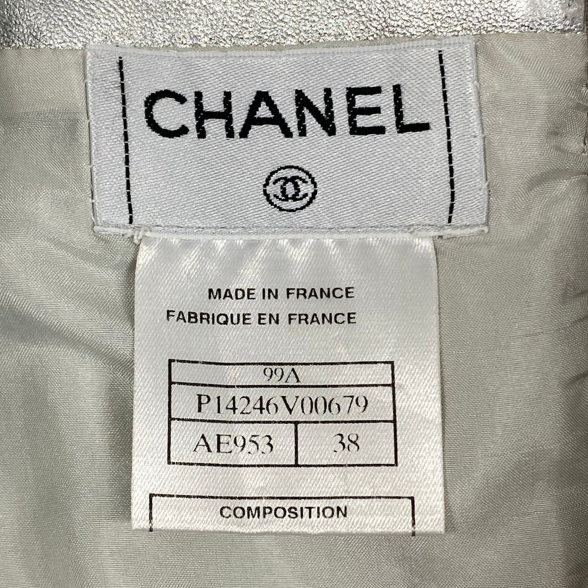 i20 CHANEL 1999 レザースカート ロゴプレート 38サイズ シルバー ラムスキン レディース 女性用u02t