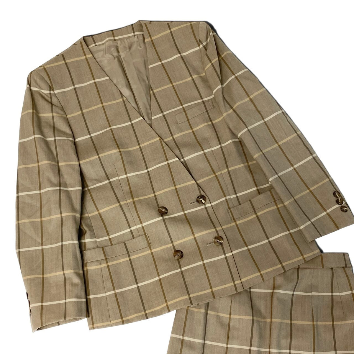j29 【美品】Burberrys スカートセットアップ ジャケット スカート チェック柄  7ARサイズ ベージュ ウール100％ レディース 女性用u02t