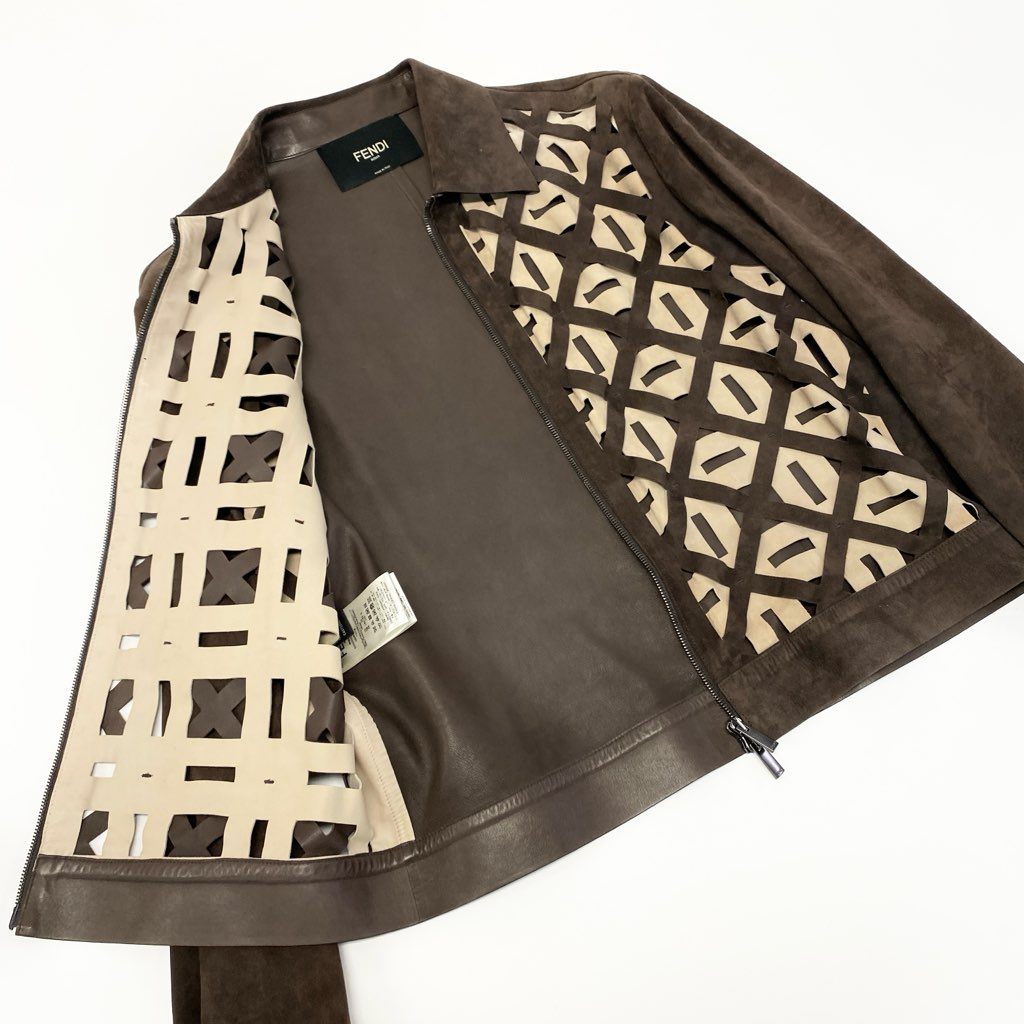29a9 FENDI フェンディ レザージャケット スウェードレザー 本革 ダブルジップ  サイズ50 ブラウン ベージュ 羊革o07t