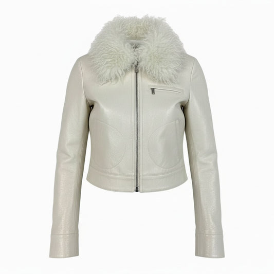 Ia15 【未使用品】courreges クレージュ カラクルラムファー ショートレザージャケット 短丈レザージャケット ロゴワッペン付き サイズ34 オフホワイト レディース 薄手アウターk02ik02i