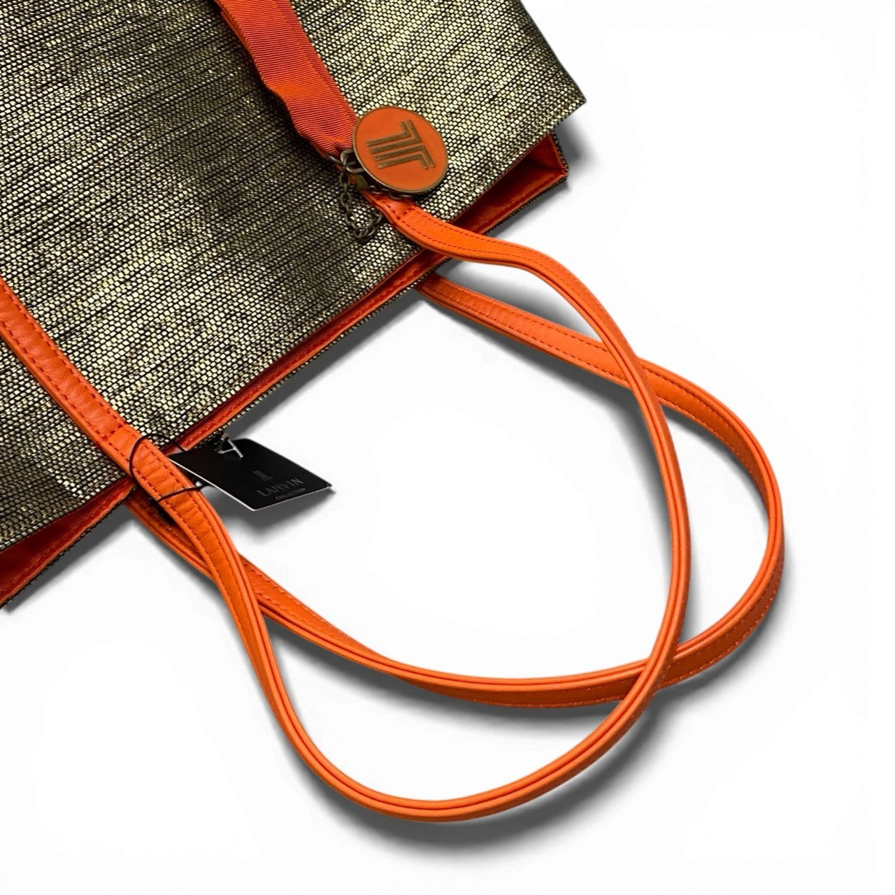 Db23 LANVIN COLLECTION ランバンコレクション トートバッグ  リボンチャーム付 大容量 通勤通学 フリー ゴールド ブラック オレンジ レディースu02t