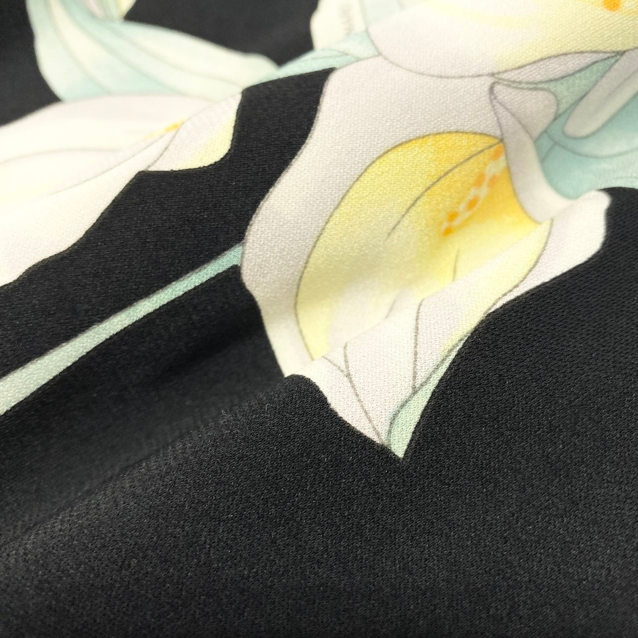 34d12 【美品】 LEONARD FASHION レオナール 七分袖 カットソー トップス 美しい花柄プリント カンカン素材 異素材切替 サイズ40 ブラック レディース 女性用u02t