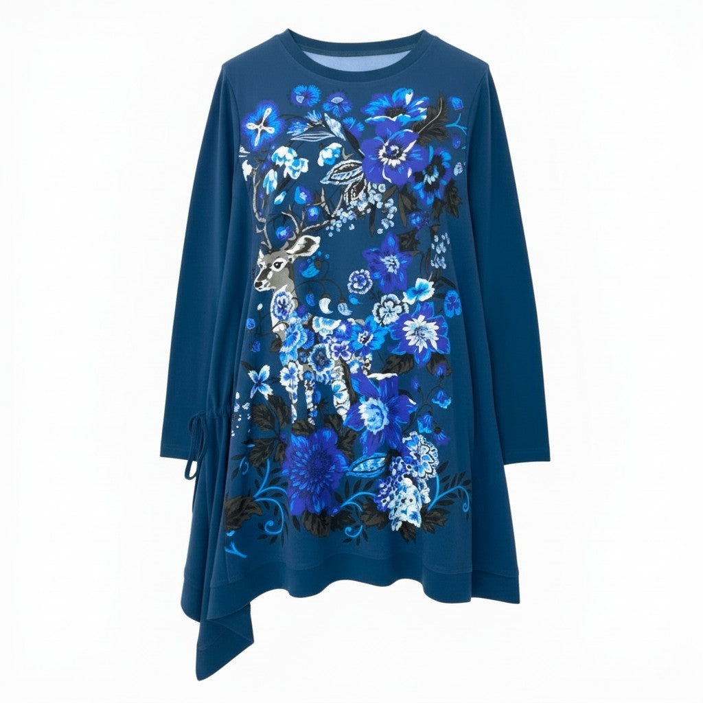 33c10 TOKUKO 1er VOL トクコプルミエヴォル ロングスリーブワンピース Aライン アシンメトリー アニマル 花柄プリント レディース 女性服 サイズ9 ネイビーu02t
