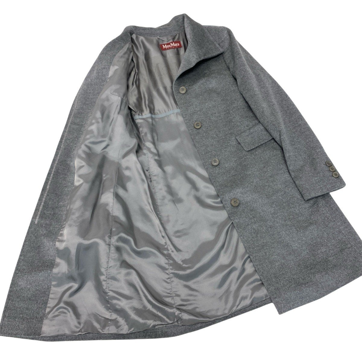 17g16【美品】 MaxMara STUDIO マックスマーラ ステュディオ スタンドカラーコート ロングコート 比翼ボタン サイズ42 グレー レディース 女性用u02t