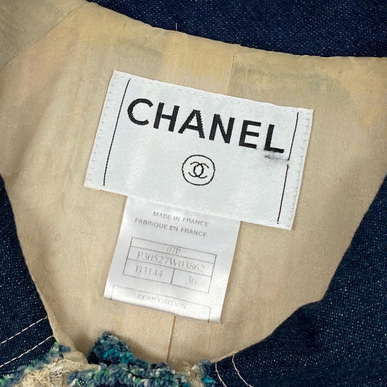 Cb19 CHANEL シャネル 07P P30527 2007年 7分袖 デニム切替ツイードジャケット ココマークボタン サイズ36 レディースta1