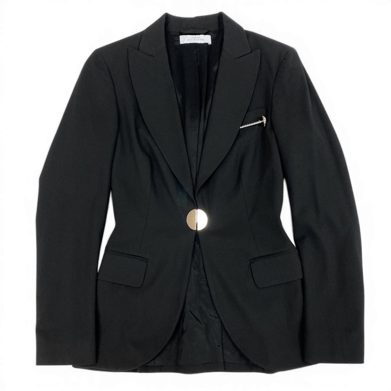 Id6 VERSACE COLLECTION ヴェルサーチコレクション テーラードジャケット 伸縮ストレッチ ロゴプレート サイズ40 ブラック レディース 女性服u02t