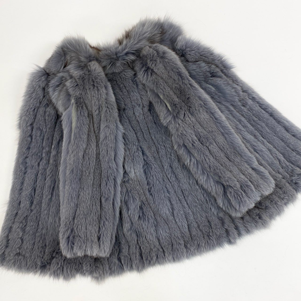 51k19 染め ブルーフォックス ファーコート パープル系 本毛皮 FOX FUR リアルファー 裏地刺繍 ポケット有t18r
