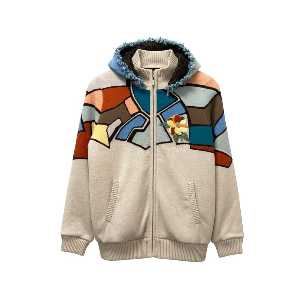 19b13 LEONARD SPORT レオナール スポーツ ジップアップニットフーディー ジャケット 花柄刺繍 フード取り外し可 0527752 42サイズ マルチカラー ウール100％ レディース 女性用u02t