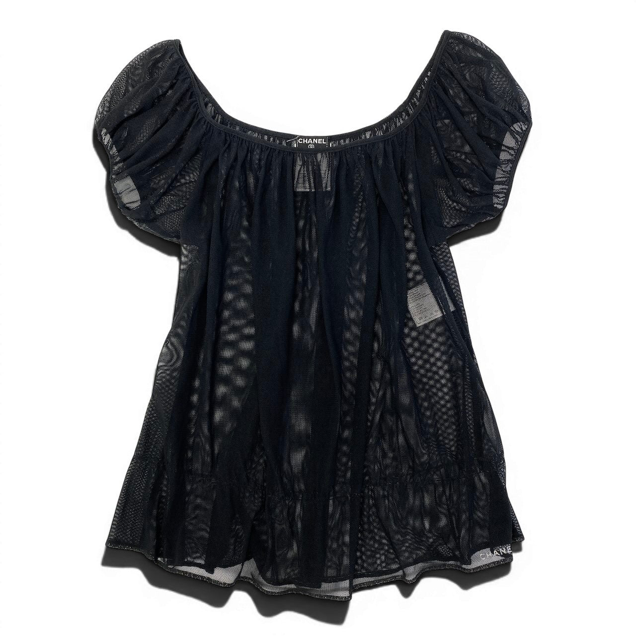 Cd22 CHANEL シャネル シースルーメッシュブラウス パフスリーブ オフショルダー トップス P16717V09413 40サイズ ブラック レディース 女性用u02t