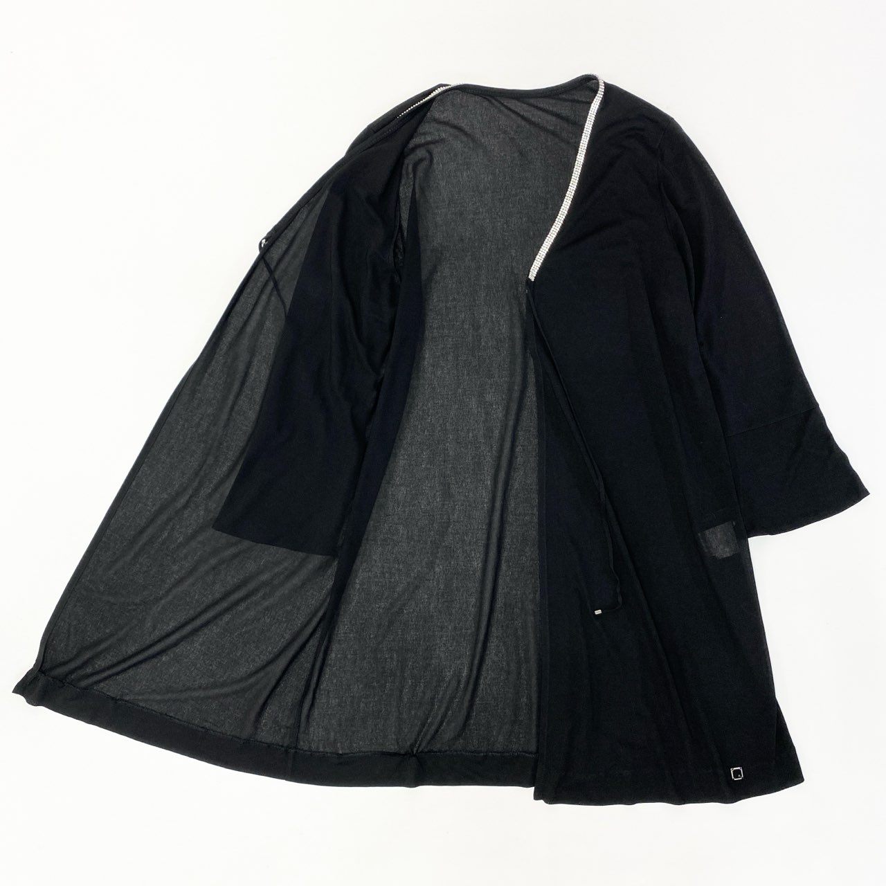 60c6《美品》 LEONARD レオナール カンカン素材 ラインストーン装飾 ロングカーディガン 羽織り トップス LL ブラック レディースu02t