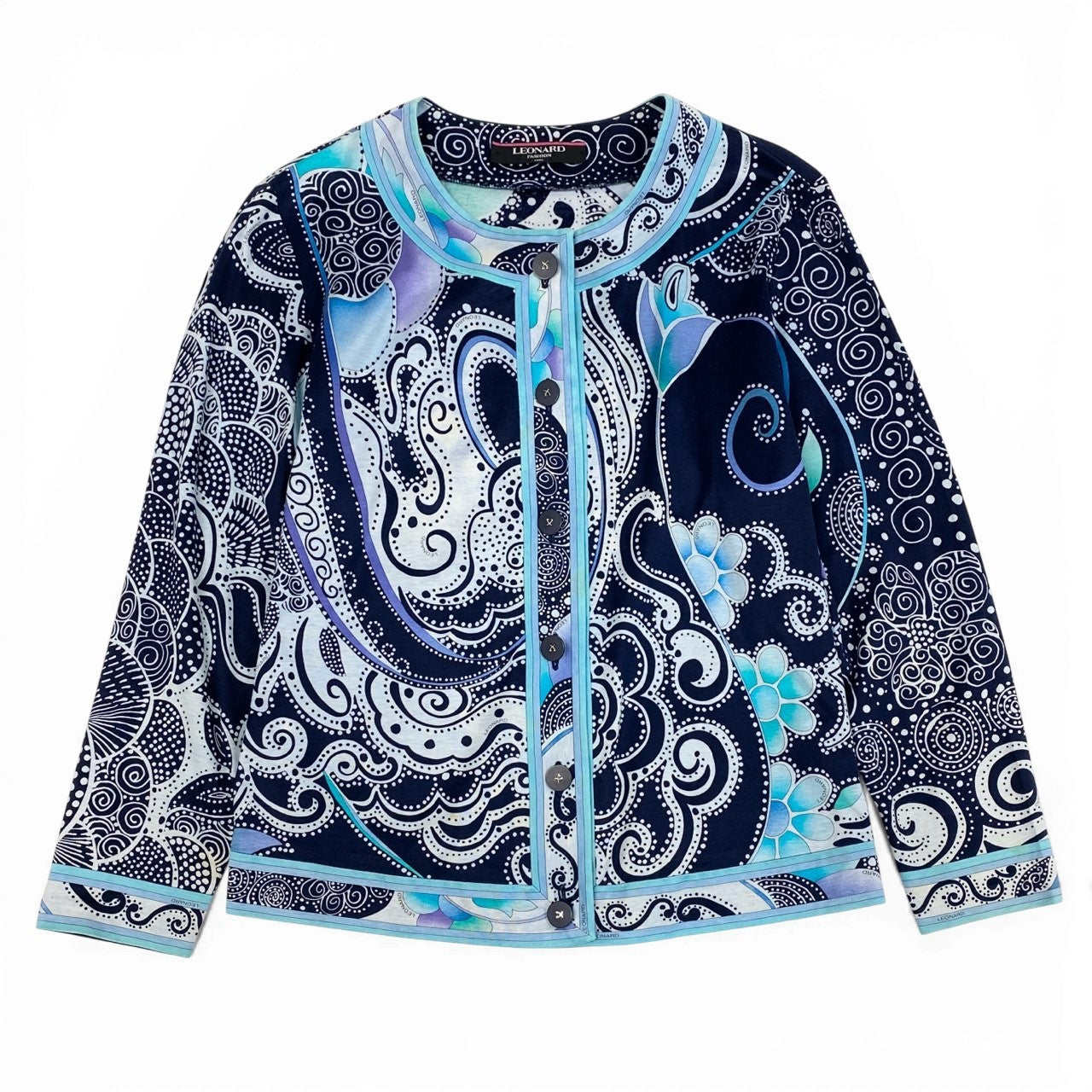 36a30 LEONARD レオナール カーディガン コットンカーディガン 総柄 トップス 0359183 Mサイズ ブルー系 コットン100％ レディース 女性用o07t